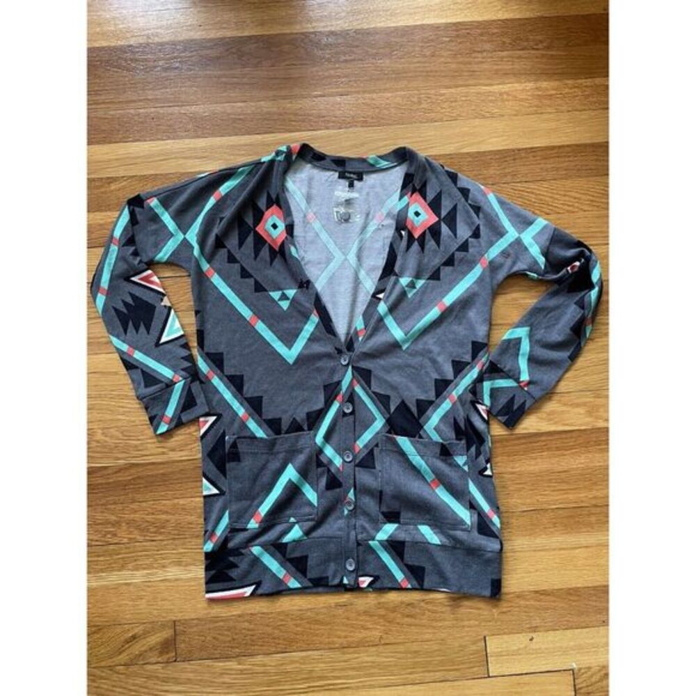 Nollie Women's V-neck Cardigan Size Small Geomtric Print Gray Southwest Aztec